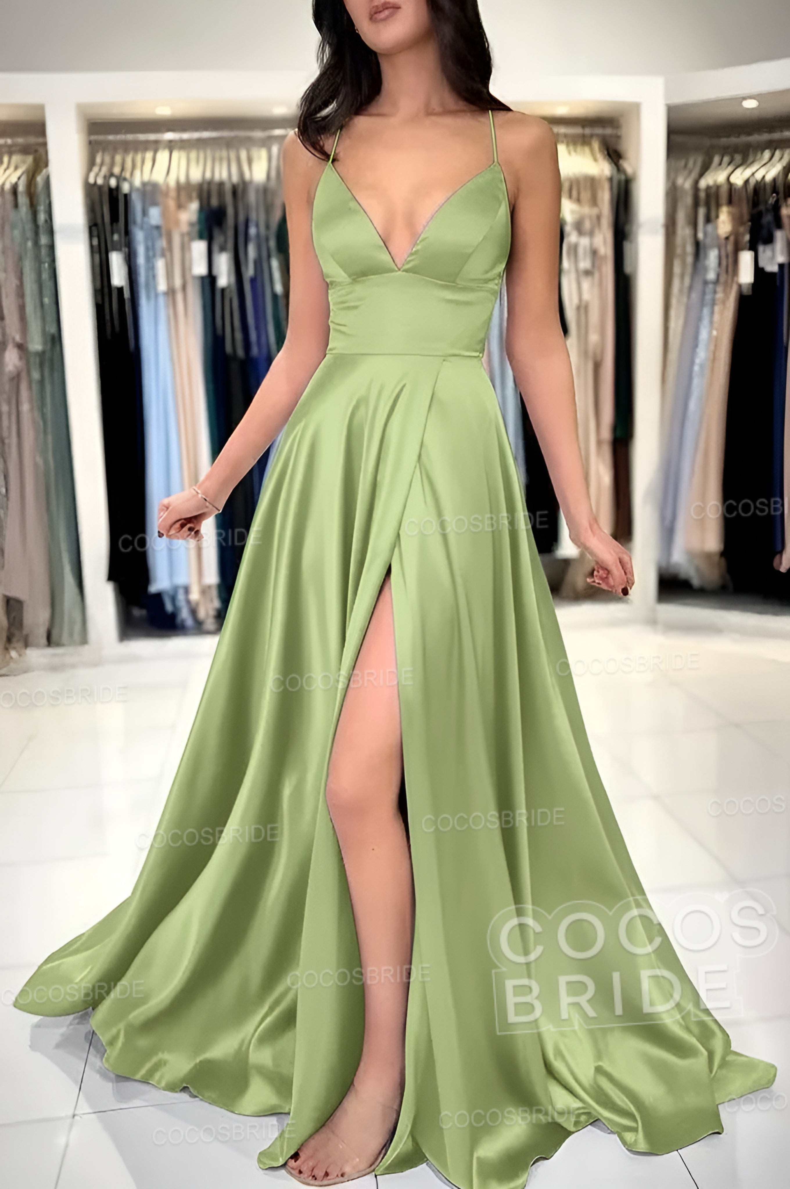 Simple Long A-line V-neck Satin Backless Formal Prom Dresses with Slit