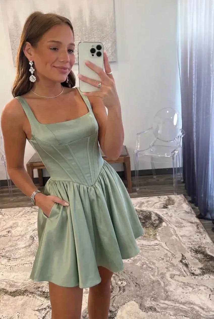Satin A-Line Scoop Neck Short Homecoming Dress with Lace-Up Back and Pockets