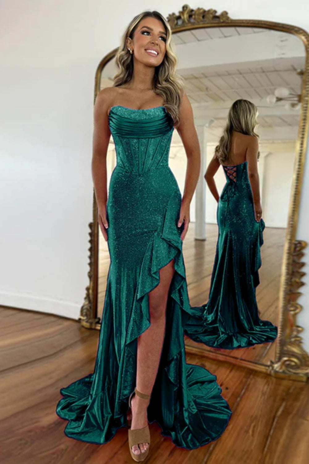 Cocosbride Strapless Sleeveless Sequined Mermaid Prom Dress with Split