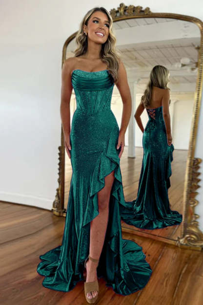 Cocosbride Strapless Sleeveless Sequined Mermaid Prom Dress with Split