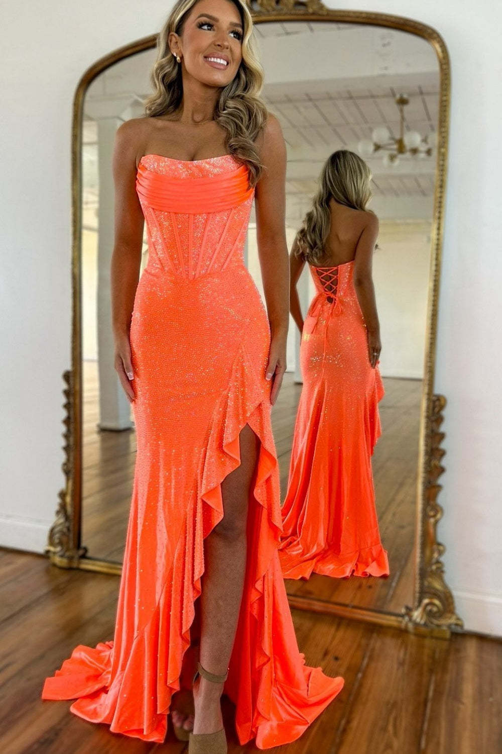 Cocosbride Strapless Sleeveless Sequined Mermaid Prom Dress with Split
