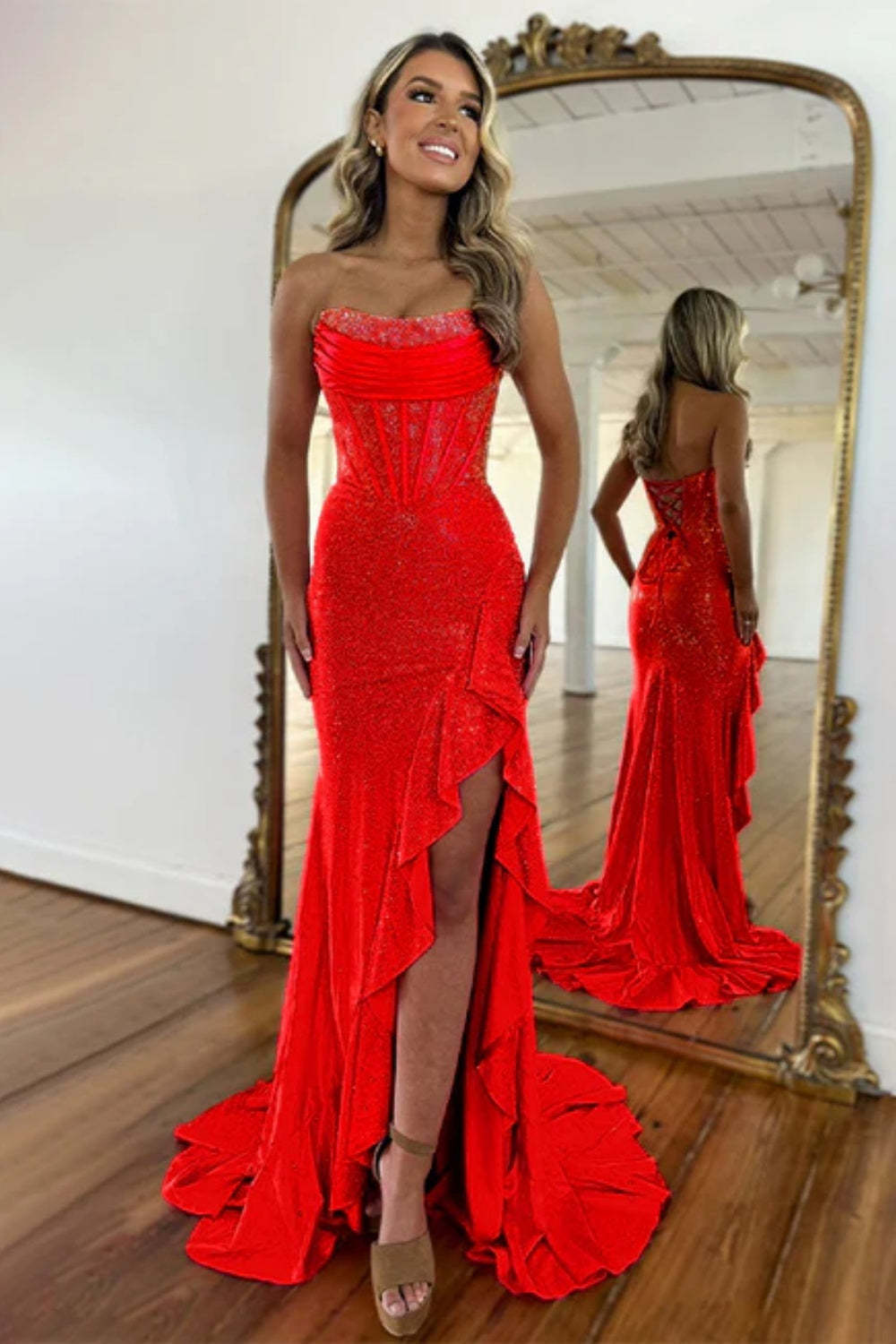 Cocosbride Strapless Sleeveless Sequined Mermaid Prom Dress with Split