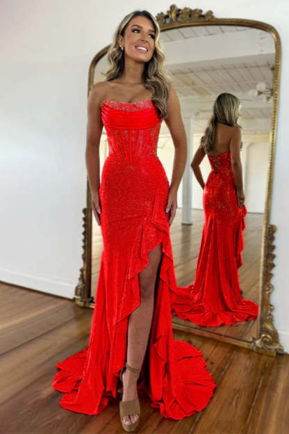 Cocosbride Strapless Sleeveless Sequined Mermaid Prom Dress with Split