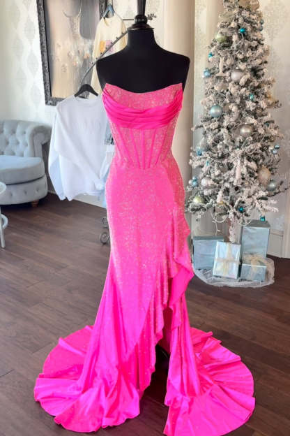 Cocosbride Strapless Sleeveless Sequined Mermaid Prom Dress with Split
