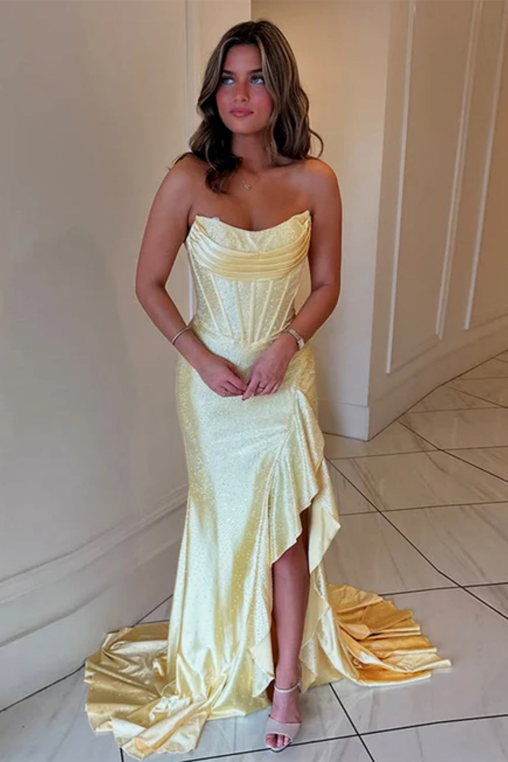 Cocosbride Strapless Sleeveless Sequined Mermaid Prom Dress with Split