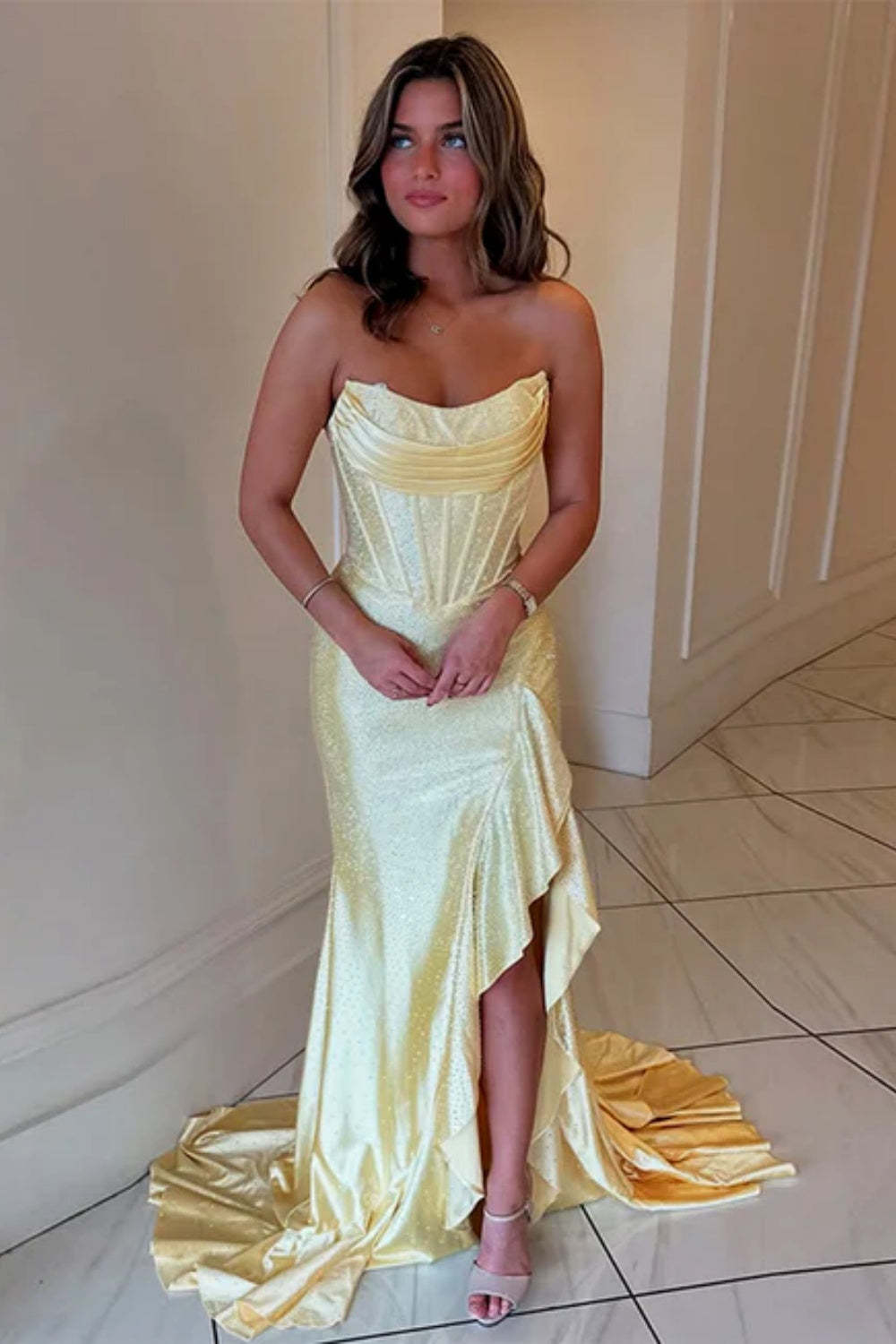 Cocosbride Strapless Sleeveless Sequined Mermaid Prom Dress with Split