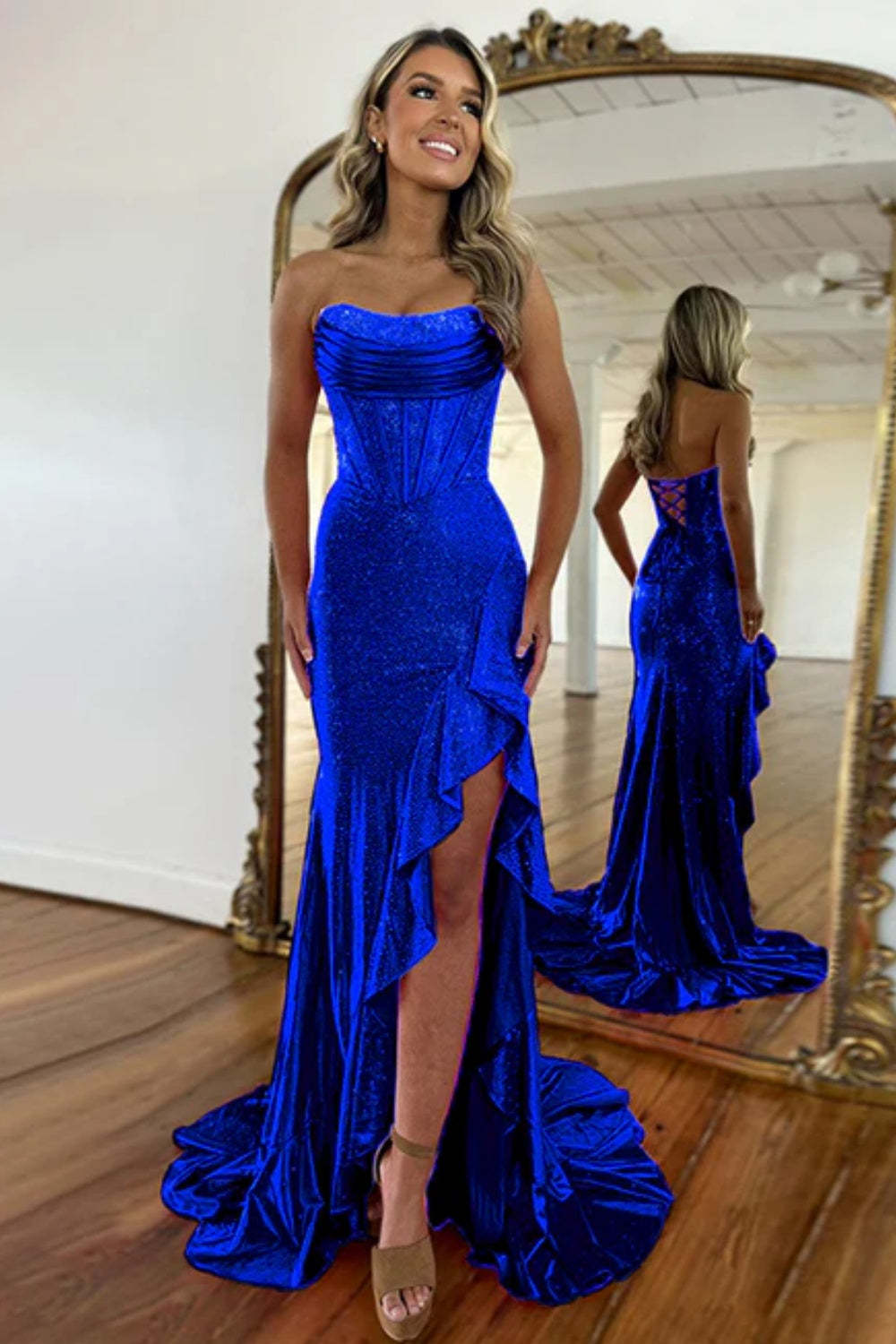 Cocosbride Strapless Sleeveless Sequined Mermaid Prom Dress with Split