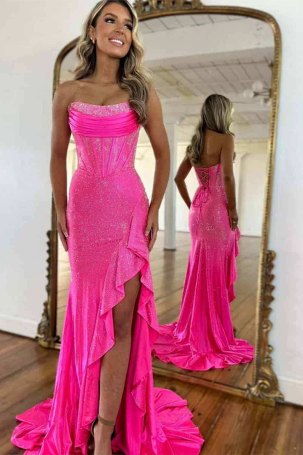 Cocosbride Strapless Sleeveless Sequined Mermaid Prom Dress with Split