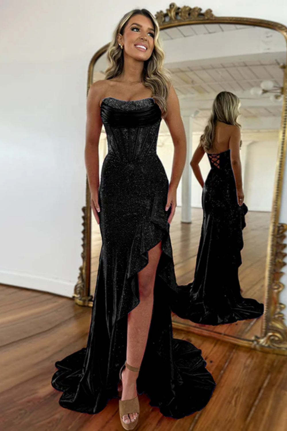 Cocosbride Strapless Sleeveless Sequined Mermaid Prom Dress with Split