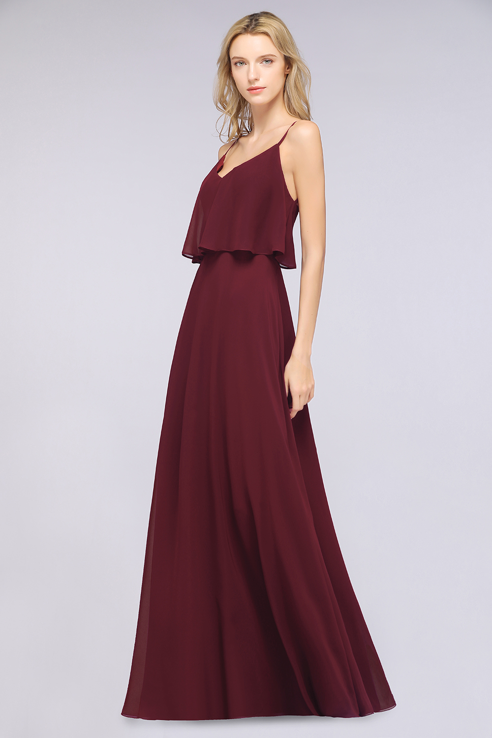 Sexy Chiffon V-Neck Burgundy Chiffon Bridesmaid Dresses with Spaghetti Straps