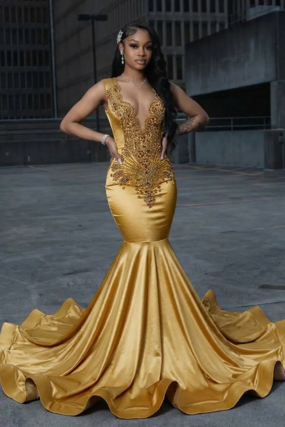 Sexy Gold V-neck Satin Long Mermaid Prom Dress with Beads