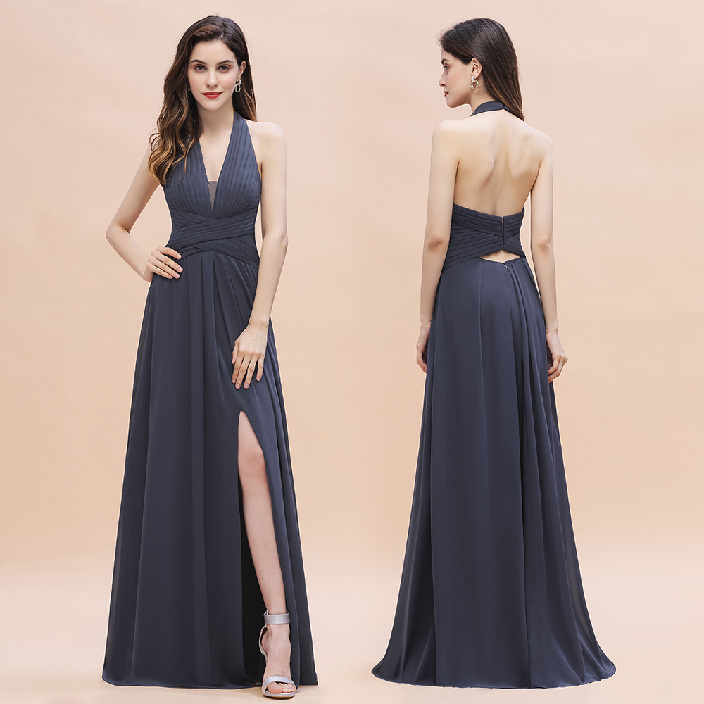 Sexy Halter Deep V-neck A-Line Chiffon Floor-length Bridesmaid Dress