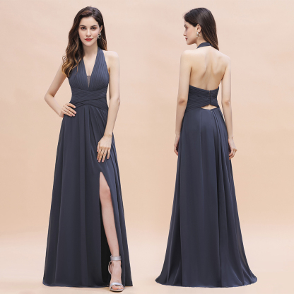 Sexy Halter Deep V-neck A-Line Chiffon Floor-length Bridesmaid Dress