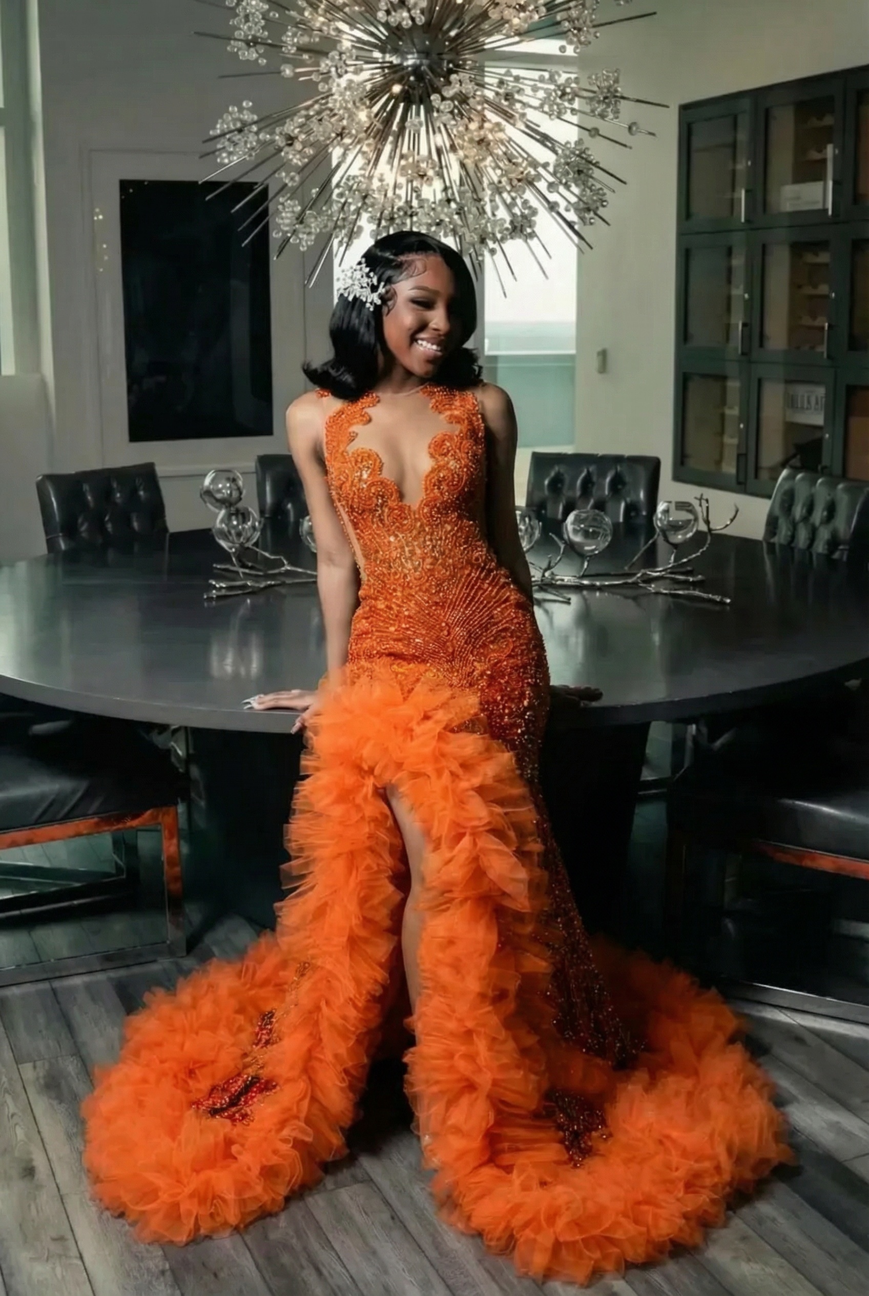 Sexy Long Mermaid Crew Neck Sleeveless Beadings Prom Dresses with Slit