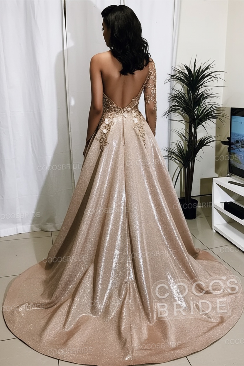 Sexy Long Mermaid One Shoulder Lace Appliqued Prom Dresses