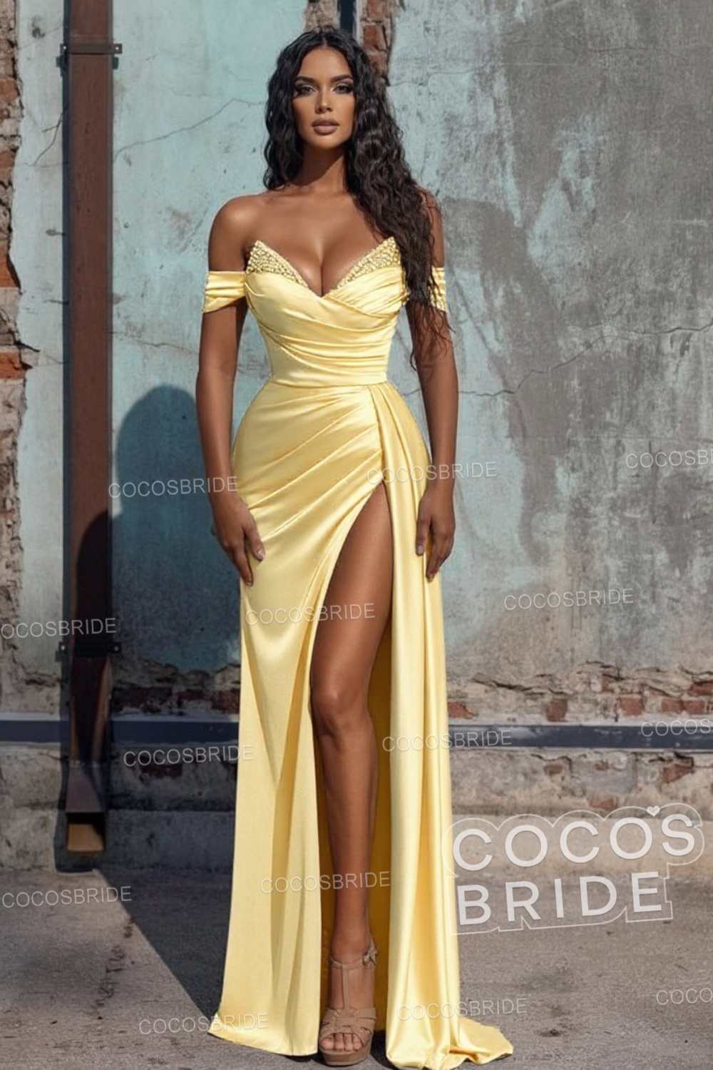 Sexy Long Off the Shoulder Deep V-neck Sequins Ruffles Prom Dress With Slit