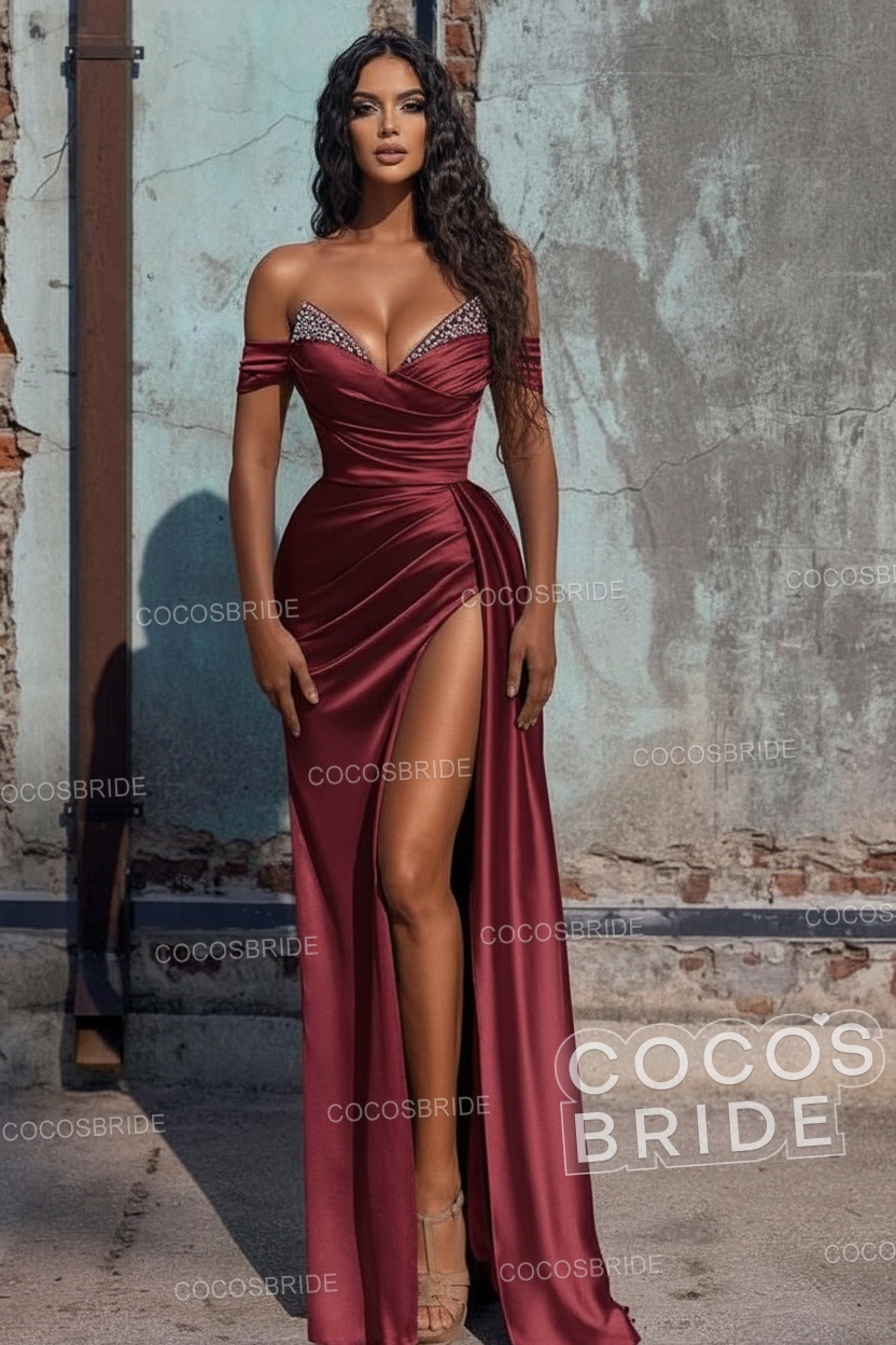 Sexy Long Off the Shoulder Deep V-neck Sequins Ruffles Prom Dress With Slit