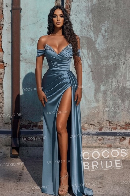 Sexy Long Off the Shoulder Deep V-neck Sequins Ruffles Prom Dress With Slit