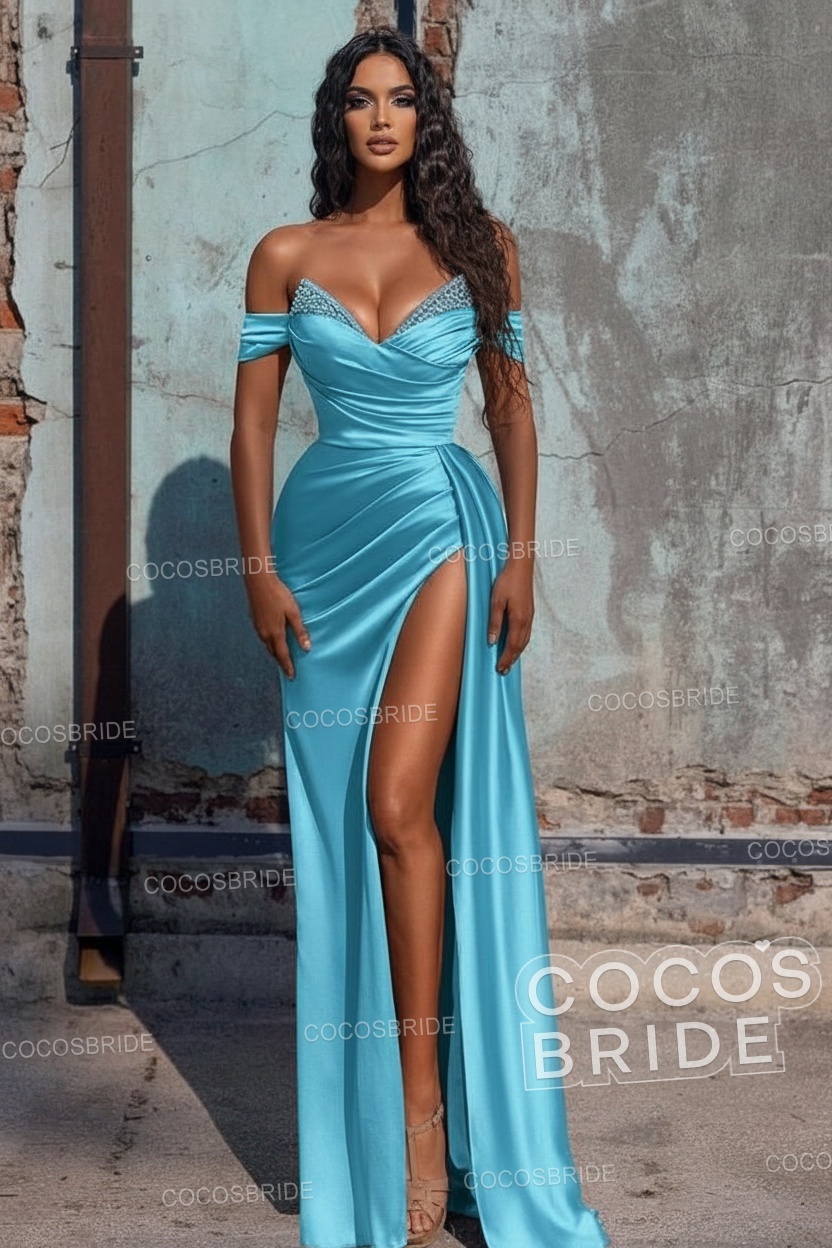 Sexy Long Off the Shoulder Deep V-neck Sequins Ruffles Prom Dress With Slit