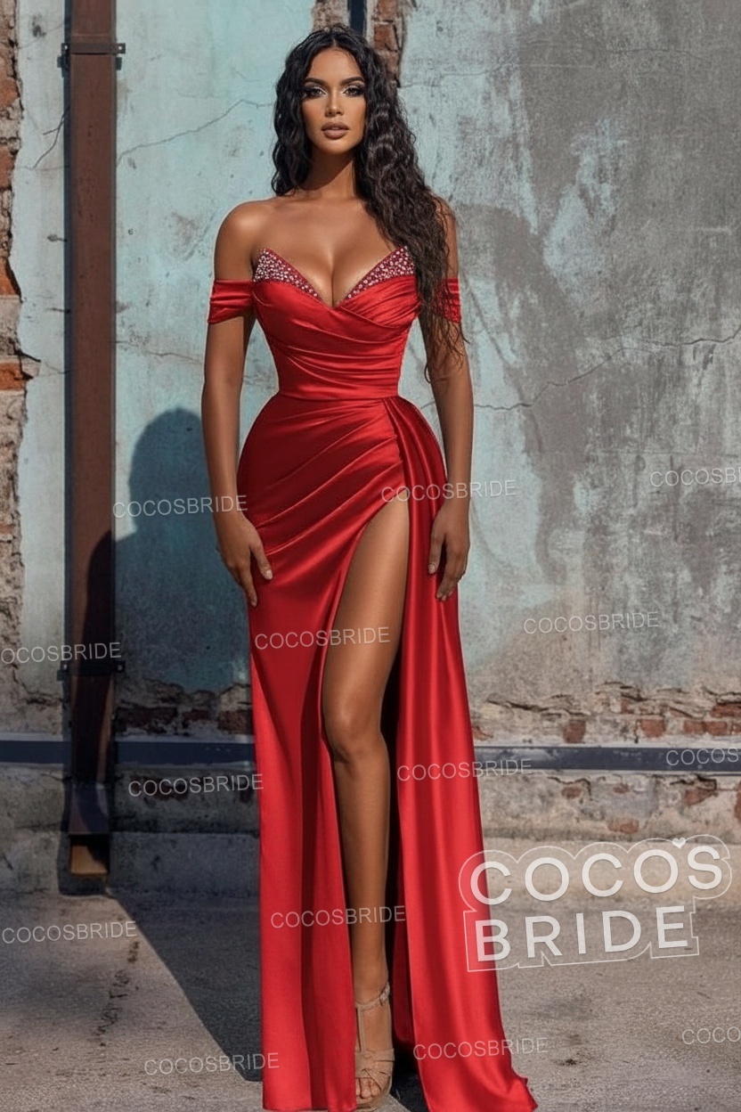 Sexy Long Off the Shoulder Deep V-neck Sequins Ruffles Prom Dress With Slit