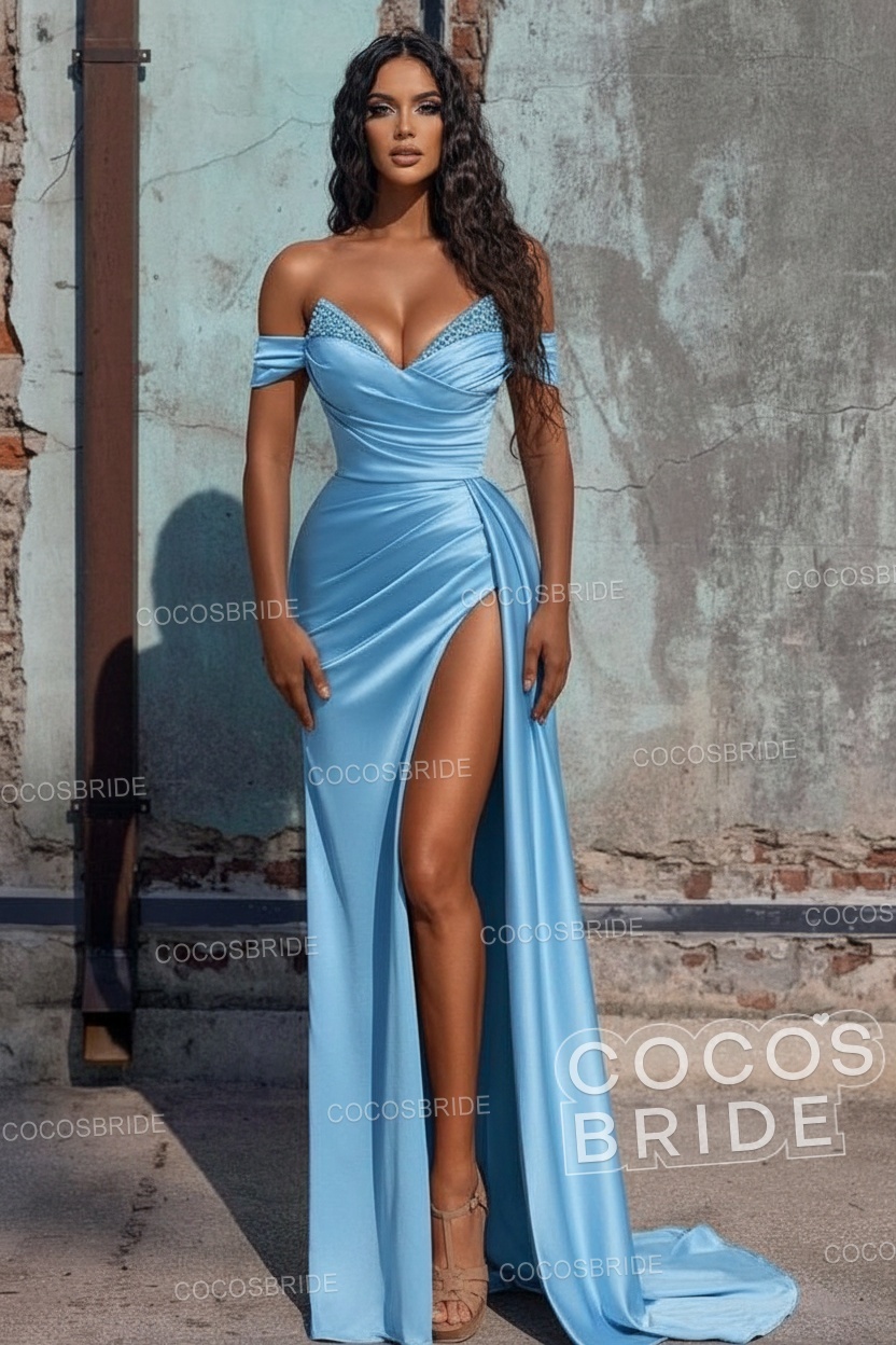 Sexy Long Off the Shoulder Deep V-neck Sequins Ruffles Prom Dress With Slit