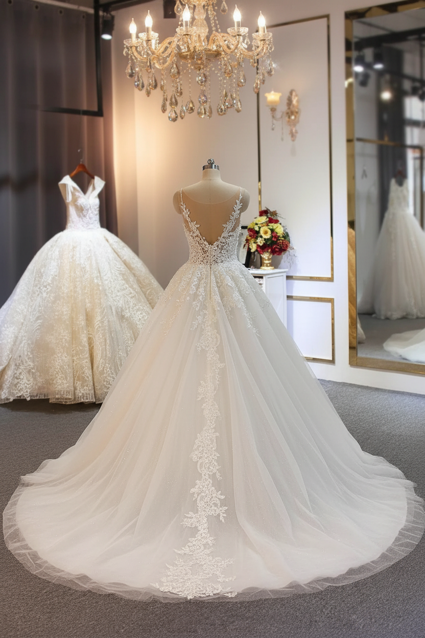Shiny Long Ball Gown V-neck Spaghetti Strap Tulle Lace Wedding Dresses