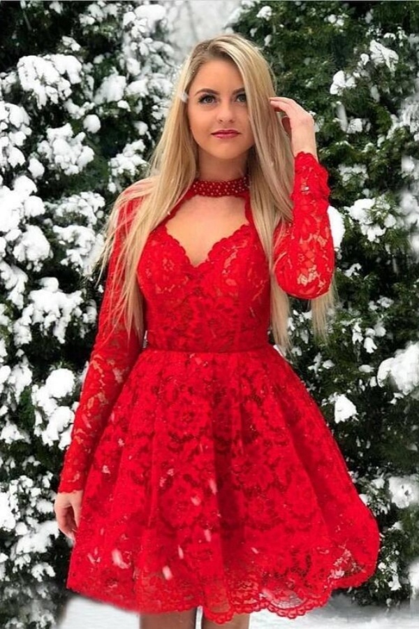 Short A-line Lace Red Long Sleeves Party Dresses