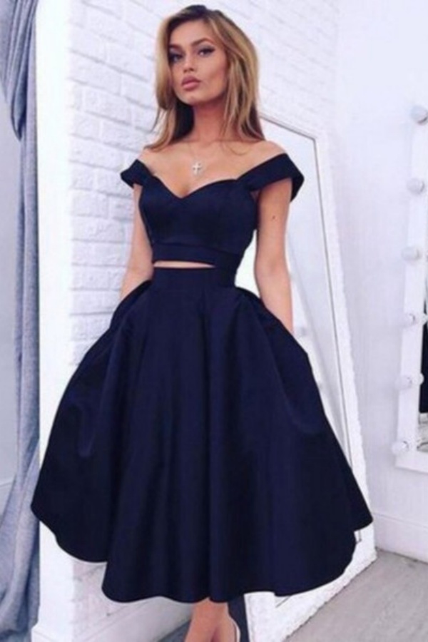 Short A-line Two Piece Off the Shoulder Prom Dress with Pockets