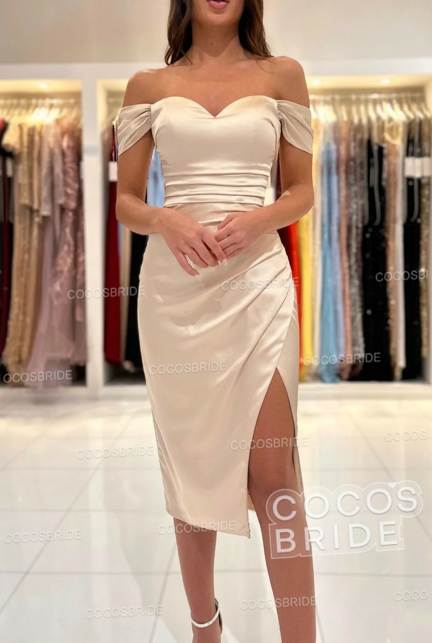 Short Mermaid Off the Shoulder Satin Party Dresses with Slit