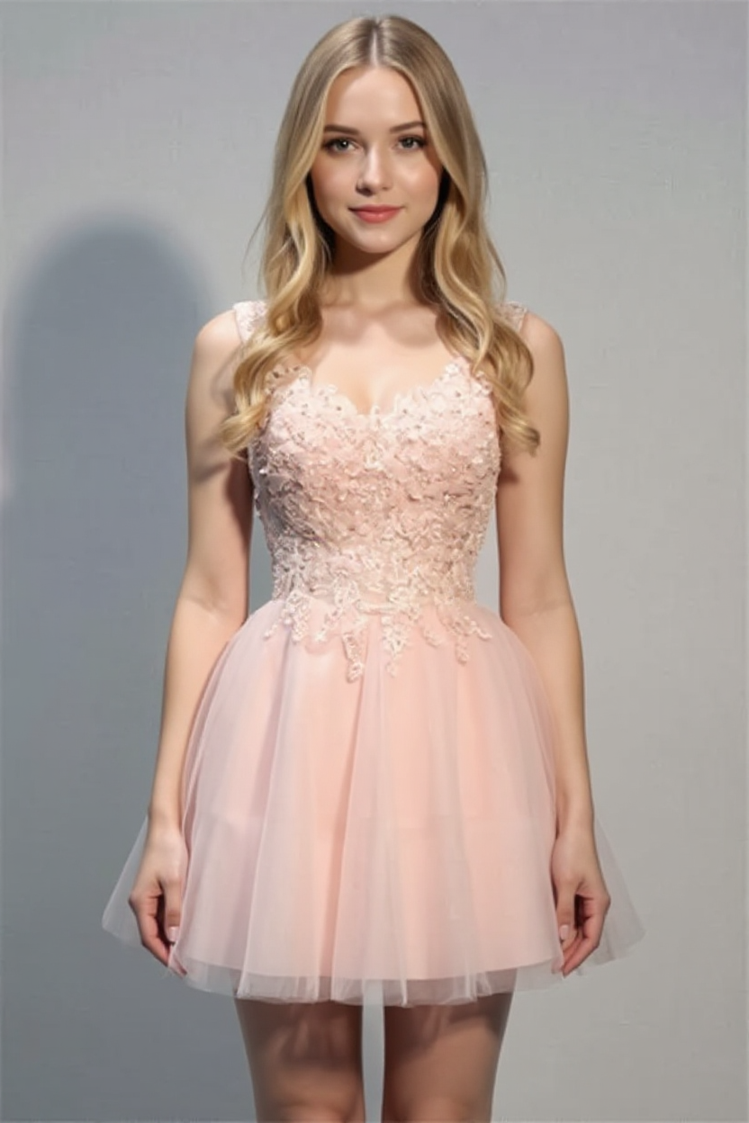 Short Pink A-line V-neck Tulle Appliques Lace Prom Dress