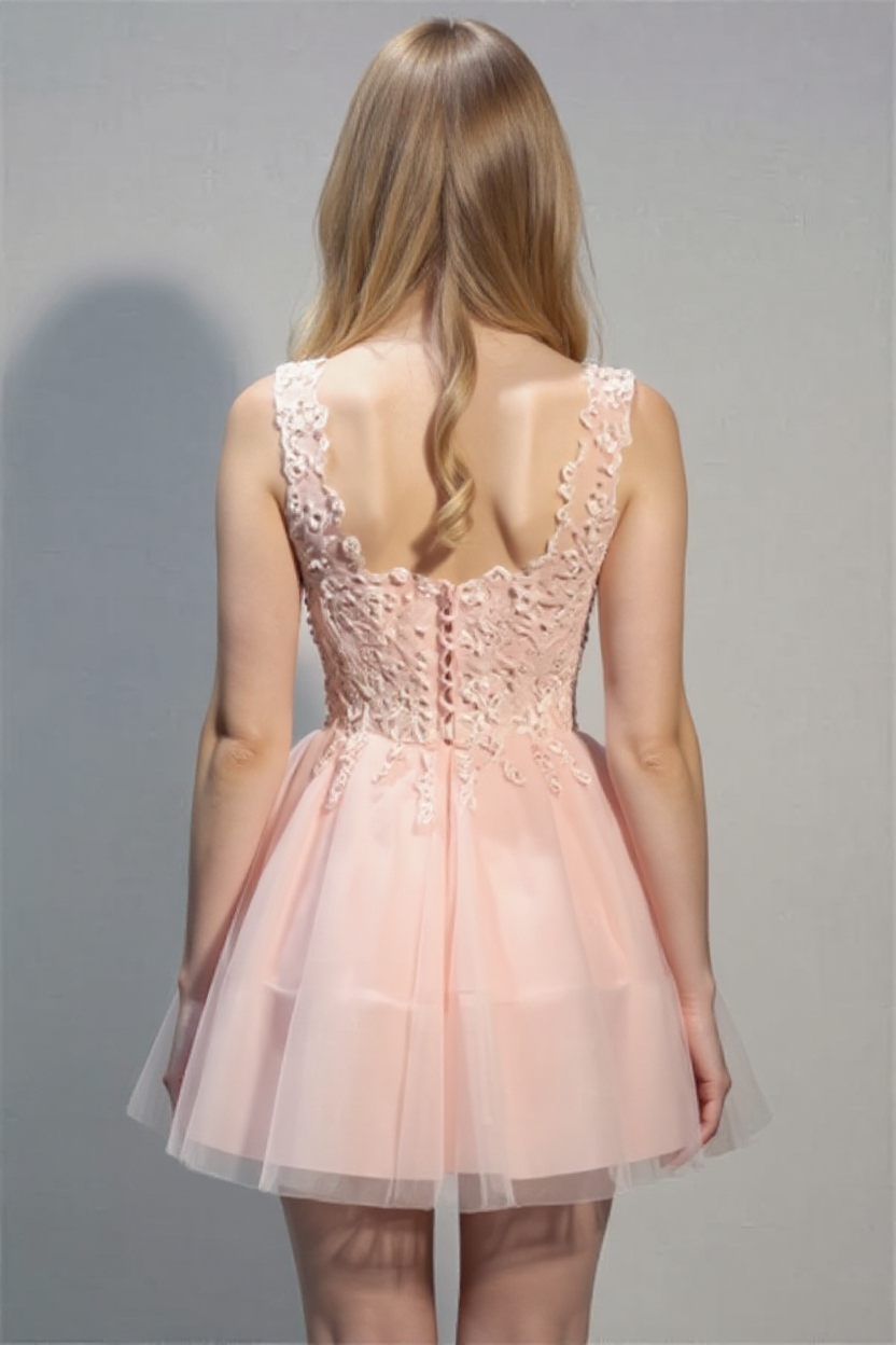 Short Pink A-line V-neck Tulle Appliques Lace Prom Dress