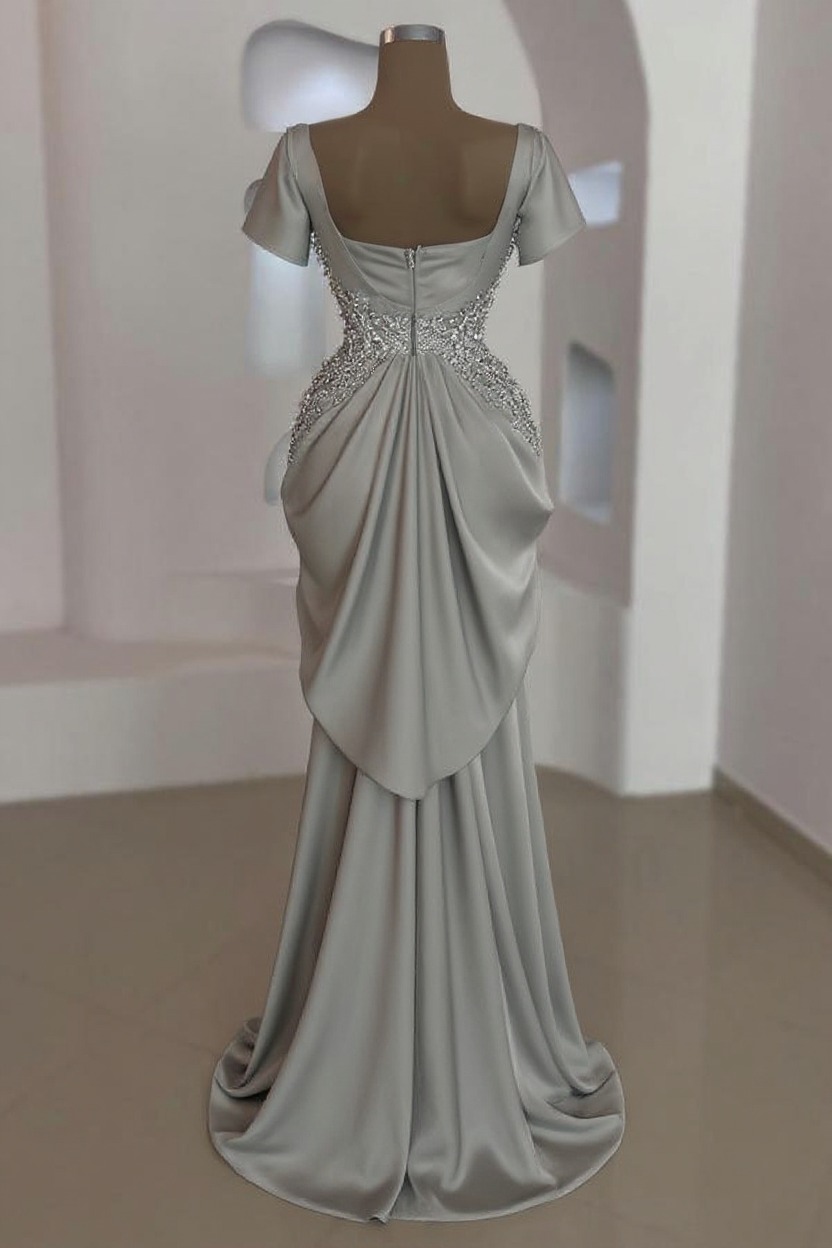 LMermaid Cowl Neck Satin Long Prom Dresses with Short Sleeves