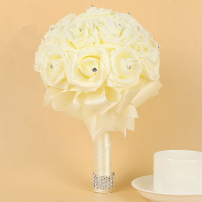 Green Silk Beading Rose Bouquet with Colorful Ribbons