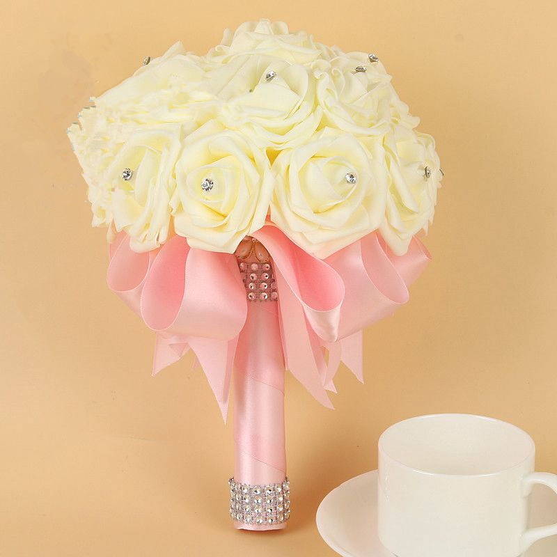 Green Silk Beading Rose Bouquet with Colorful Ribbons