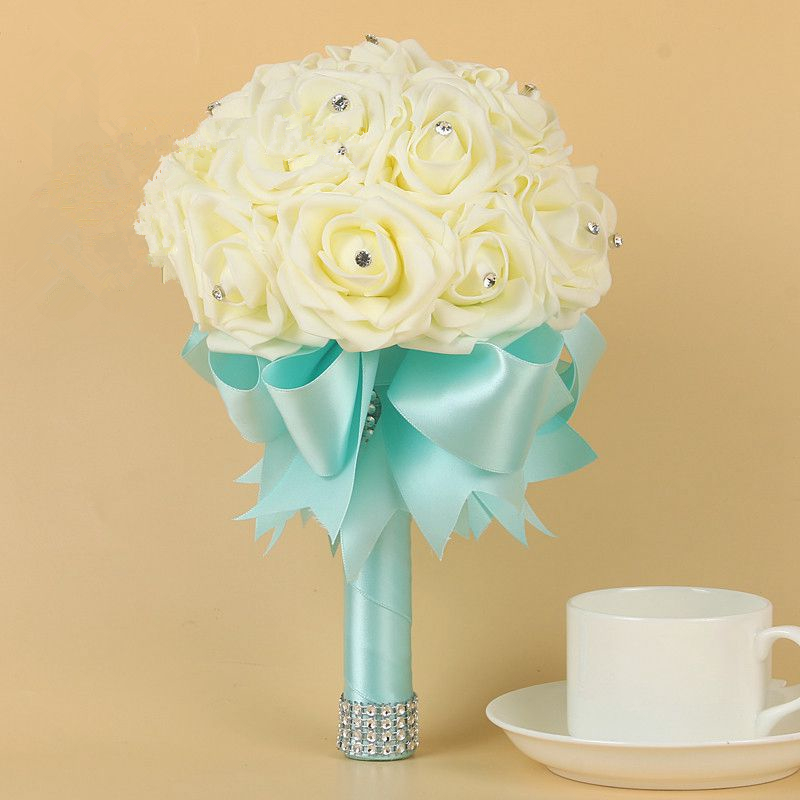 Green Silk Beading Rose Bouquet with Colorful Ribbons