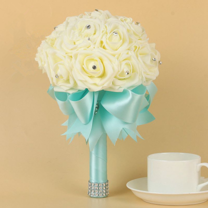 Green Silk Beading Rose Bouquet with Colorful Ribbons