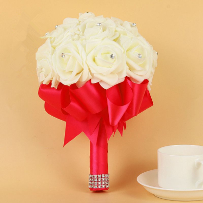 Green Silk Beading Rose Bouquet with Colorful Ribbons