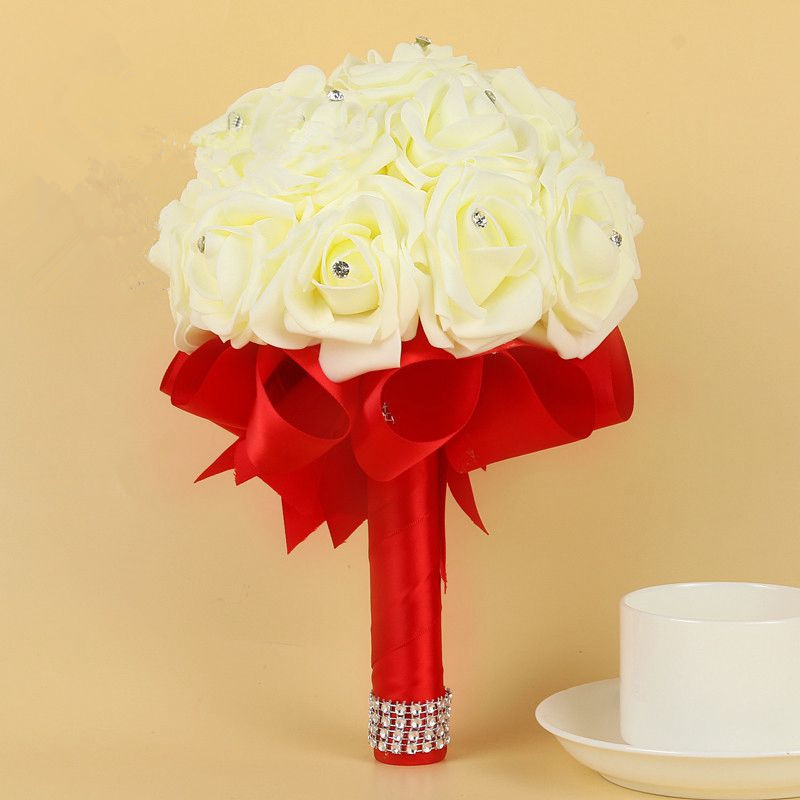 Green Silk Beading Rose Bouquet with Colorful Ribbons