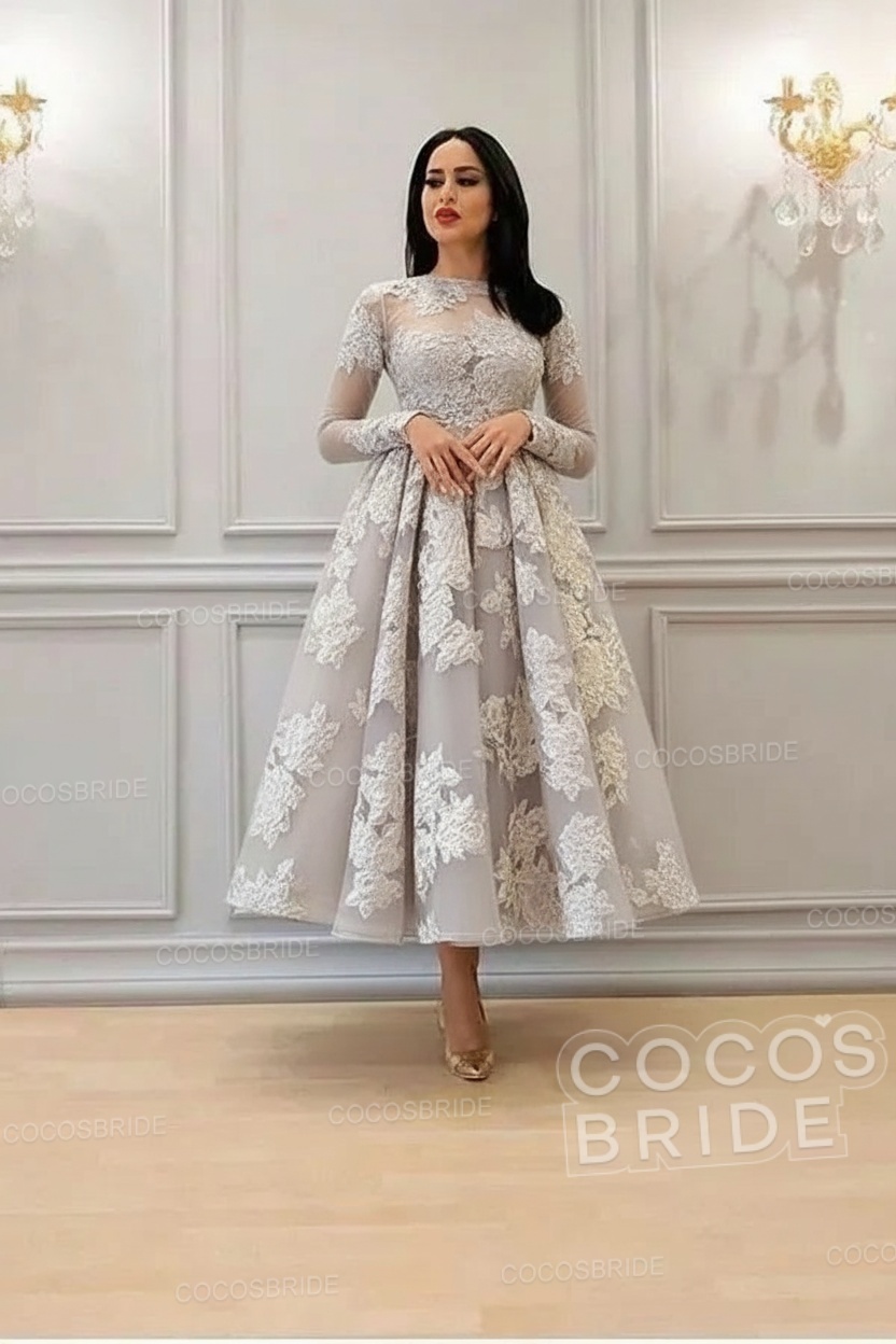 Elegant Short A-line High Neck Lace Ankle Length Formal Evening Dress with Sleeves