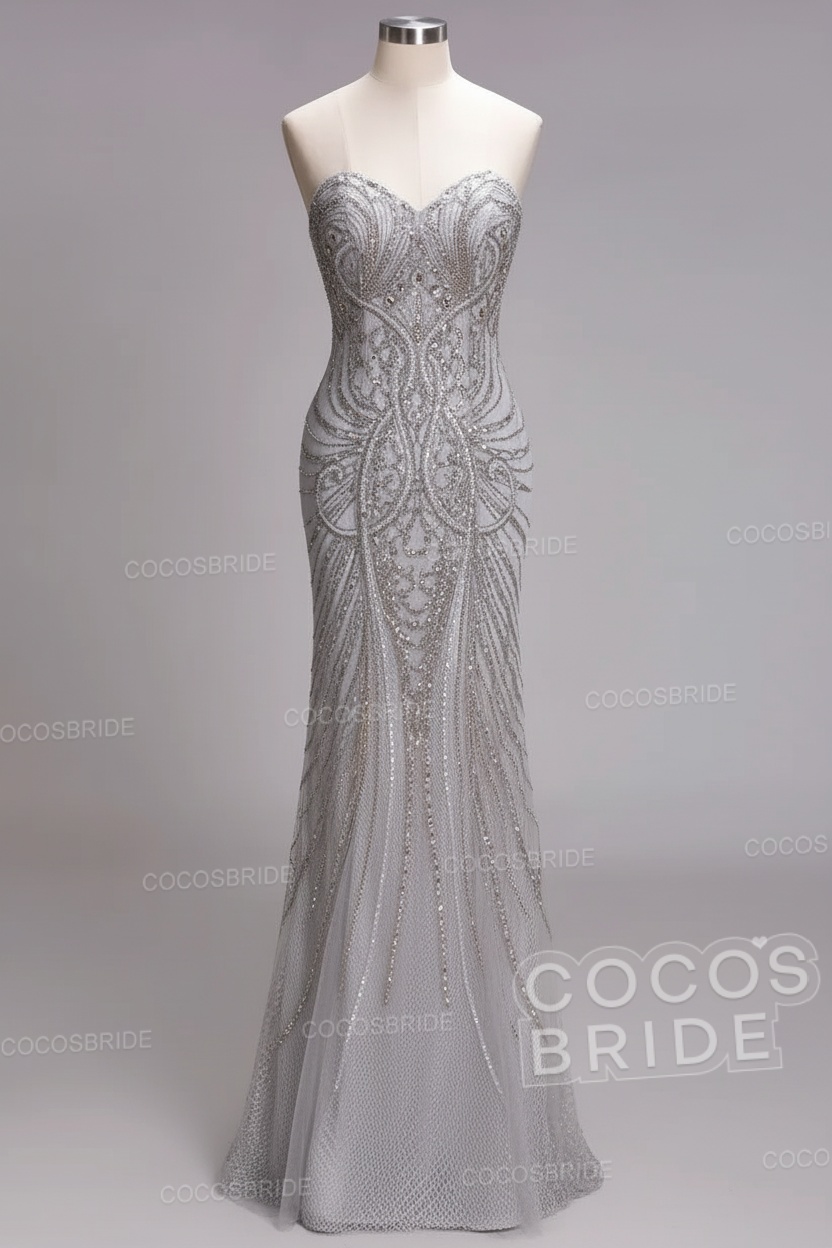Mermaid Strapless Sweetheart Long Sequined Formal Evening Dresses with Beads