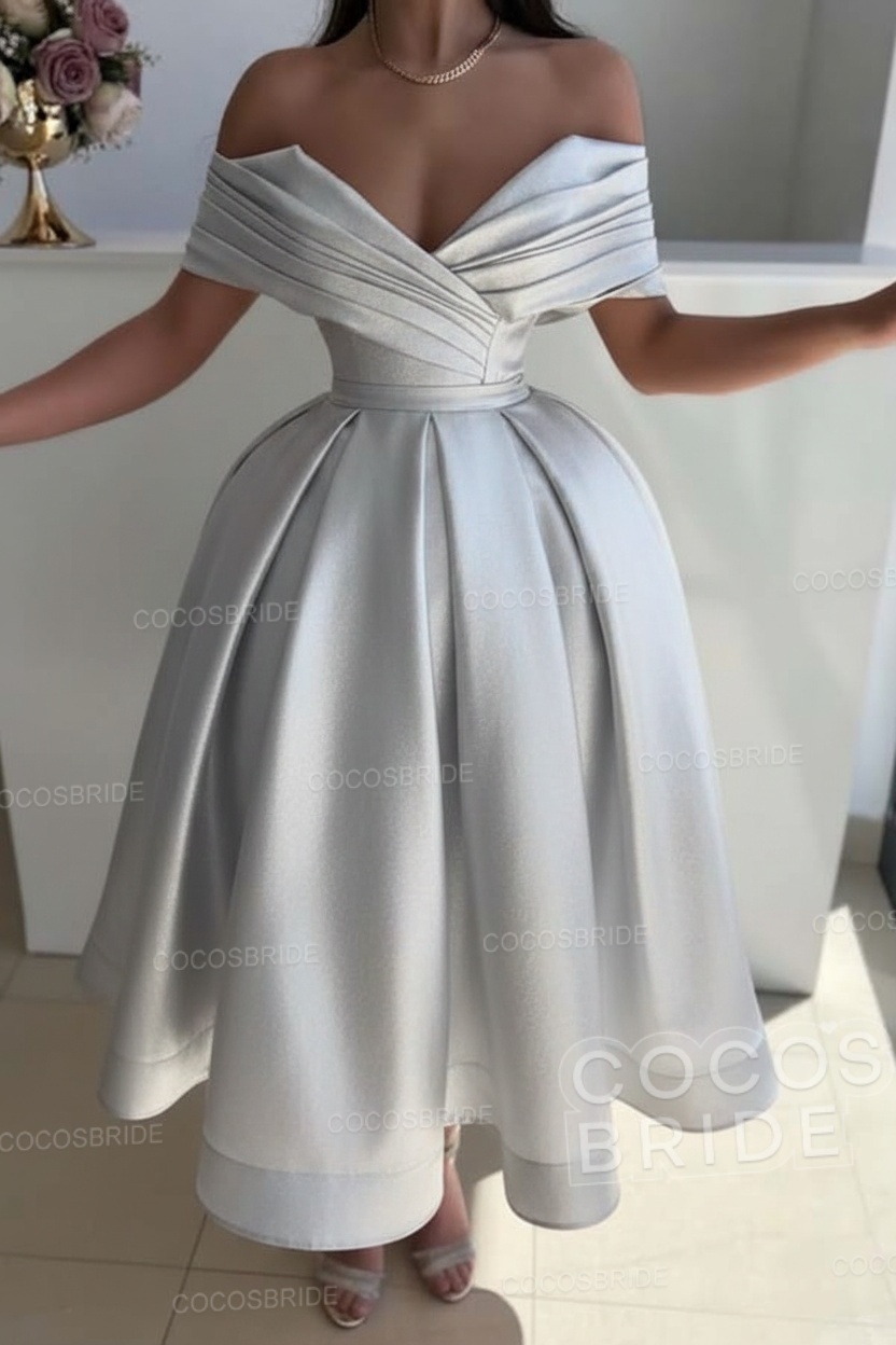 Off the Shoulder A-Line Satin Prom Dress with Pleated