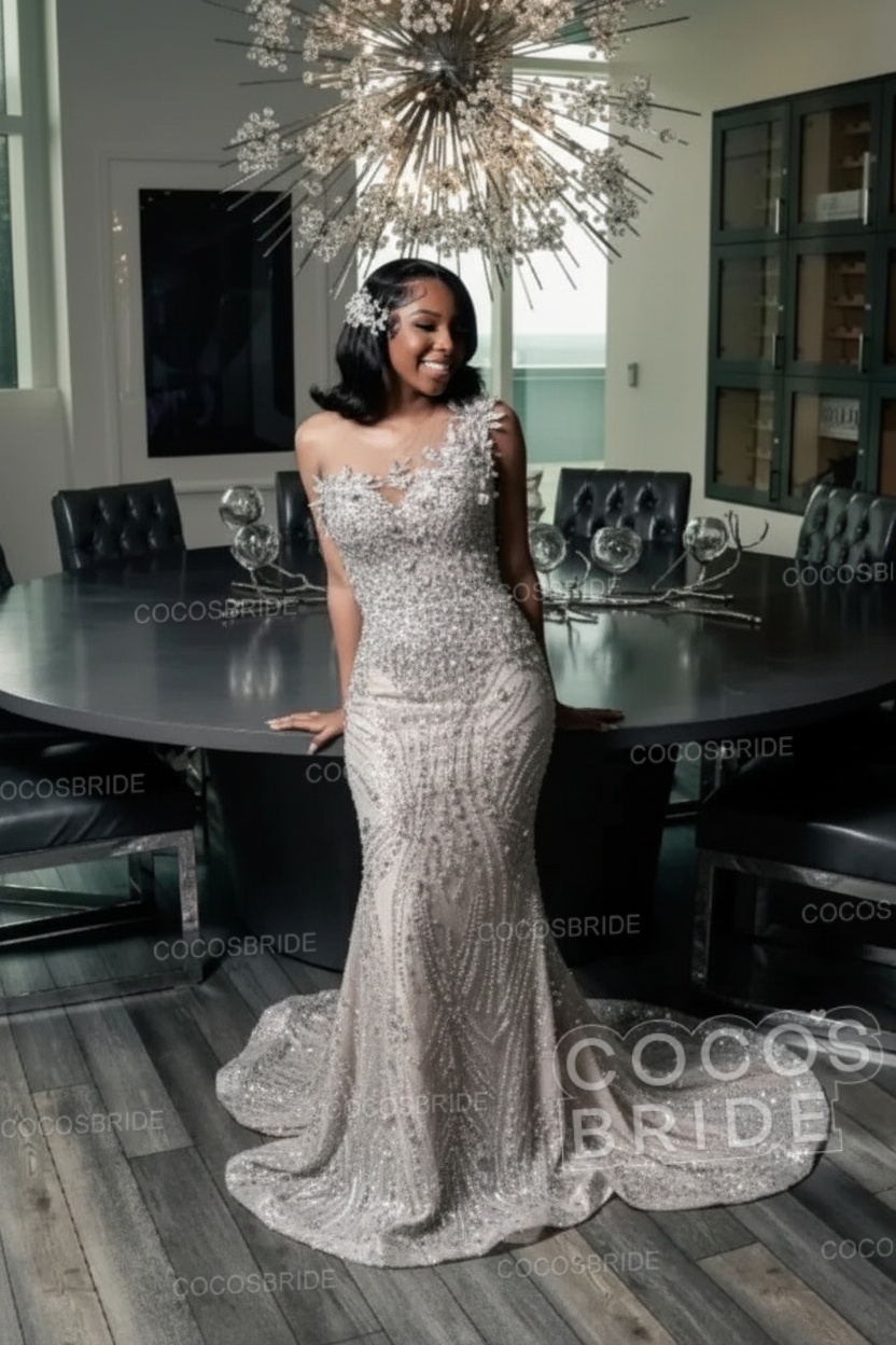 One Shoulder Sleeveless Mermaid Prom Dress with Beaded