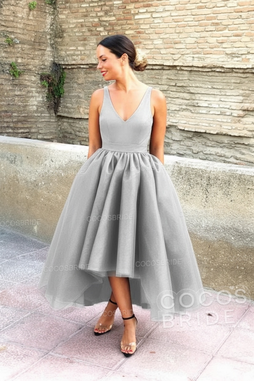 Simple Black V-neck Sleeveless Asymmetrical A-Line Prom Dresses