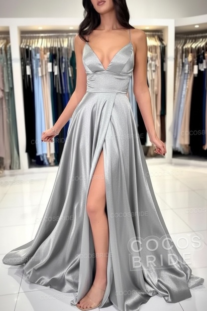 Simple Long A-line V-neck Satin Backless Formal Prom Dresses with Slit