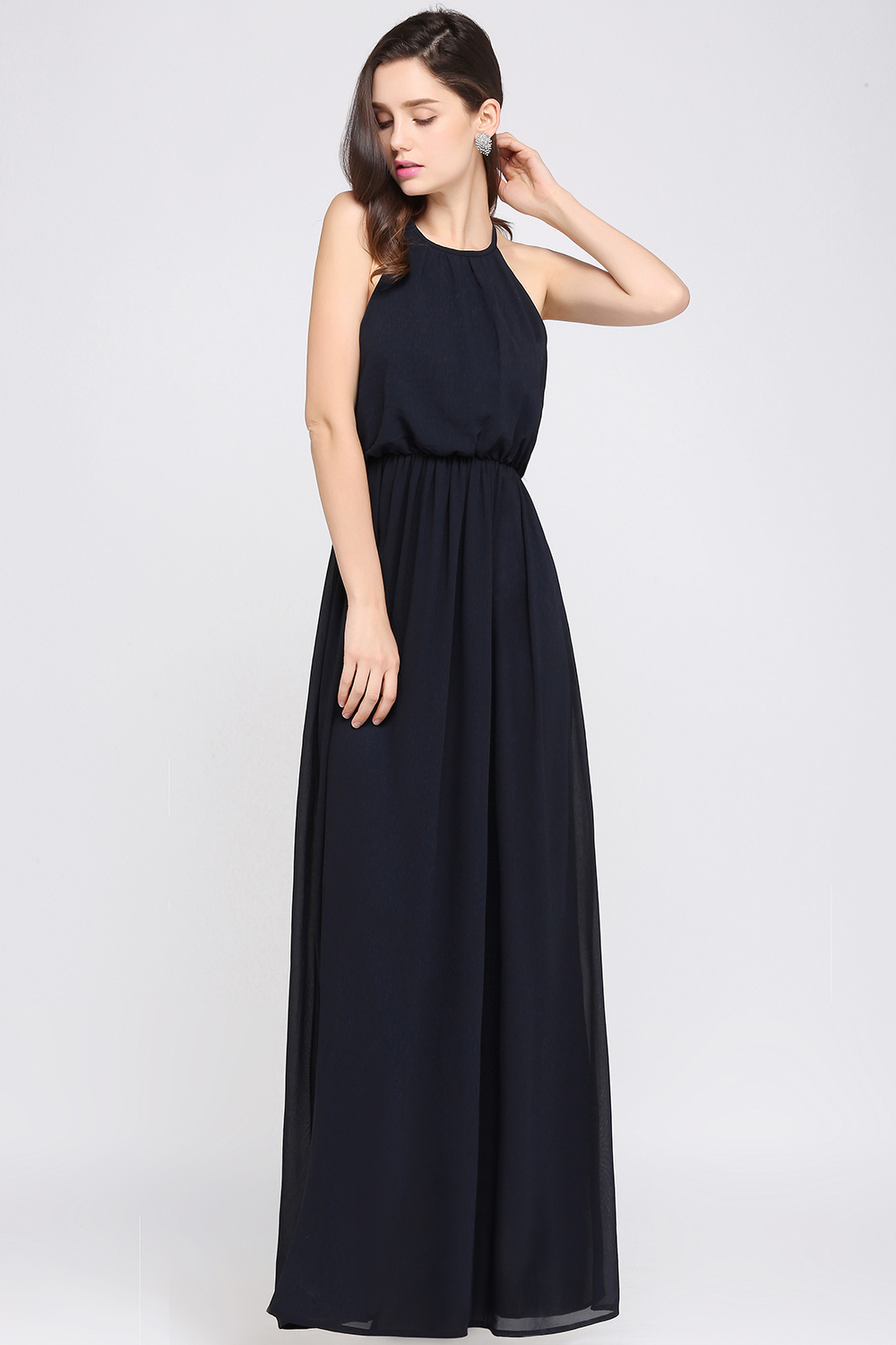 Simple A-Line Chiffon Halter Sleeveless Floor-Length Bridesmaid Dresses