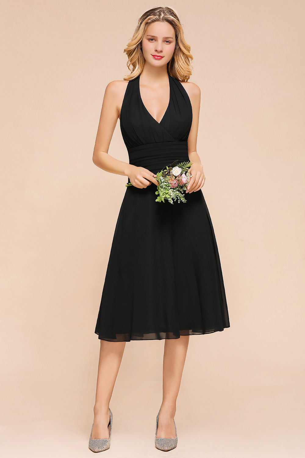 Simple Black Deep V-neck Halter Backless Knee-length Chiffon A-Line Bridesmaid Dress
