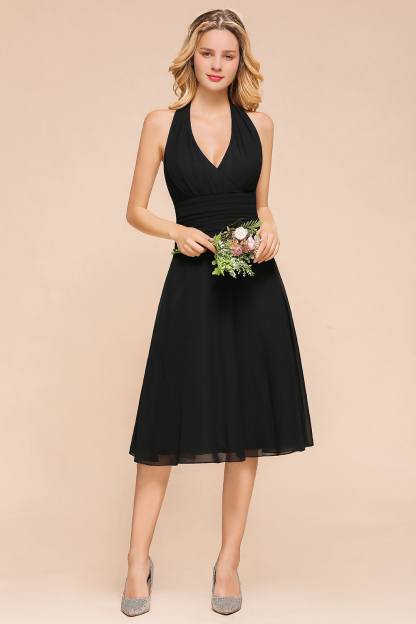 Simple Black Deep V-neck Halter Backless Knee-length Chiffon A-Line Bridesmaid Dress
