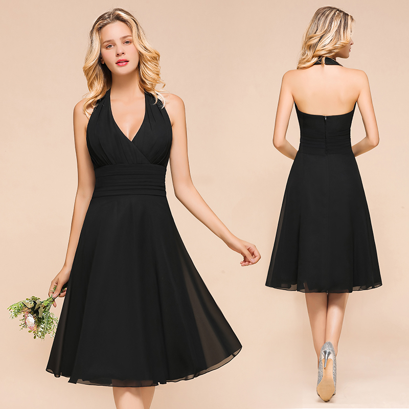 Simple Black Deep V-neck Halter Backless Knee-length Chiffon A-Line Bridesmaid Dress