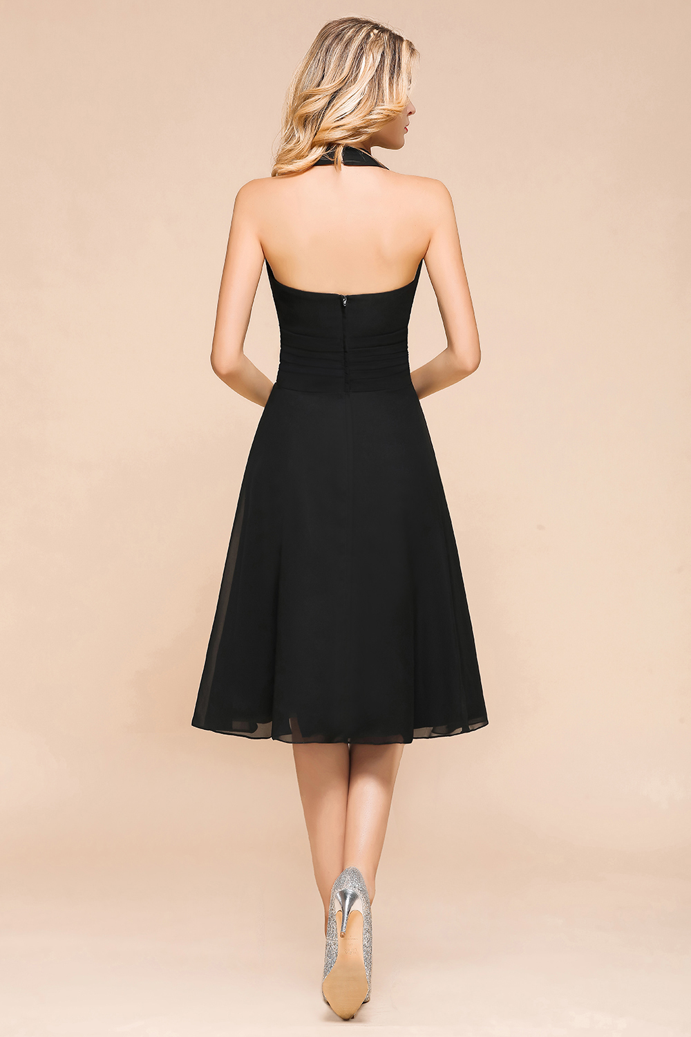 Simple Black Deep V-neck Halter Backless Knee-length Chiffon A-Line Bridesmaid Dress