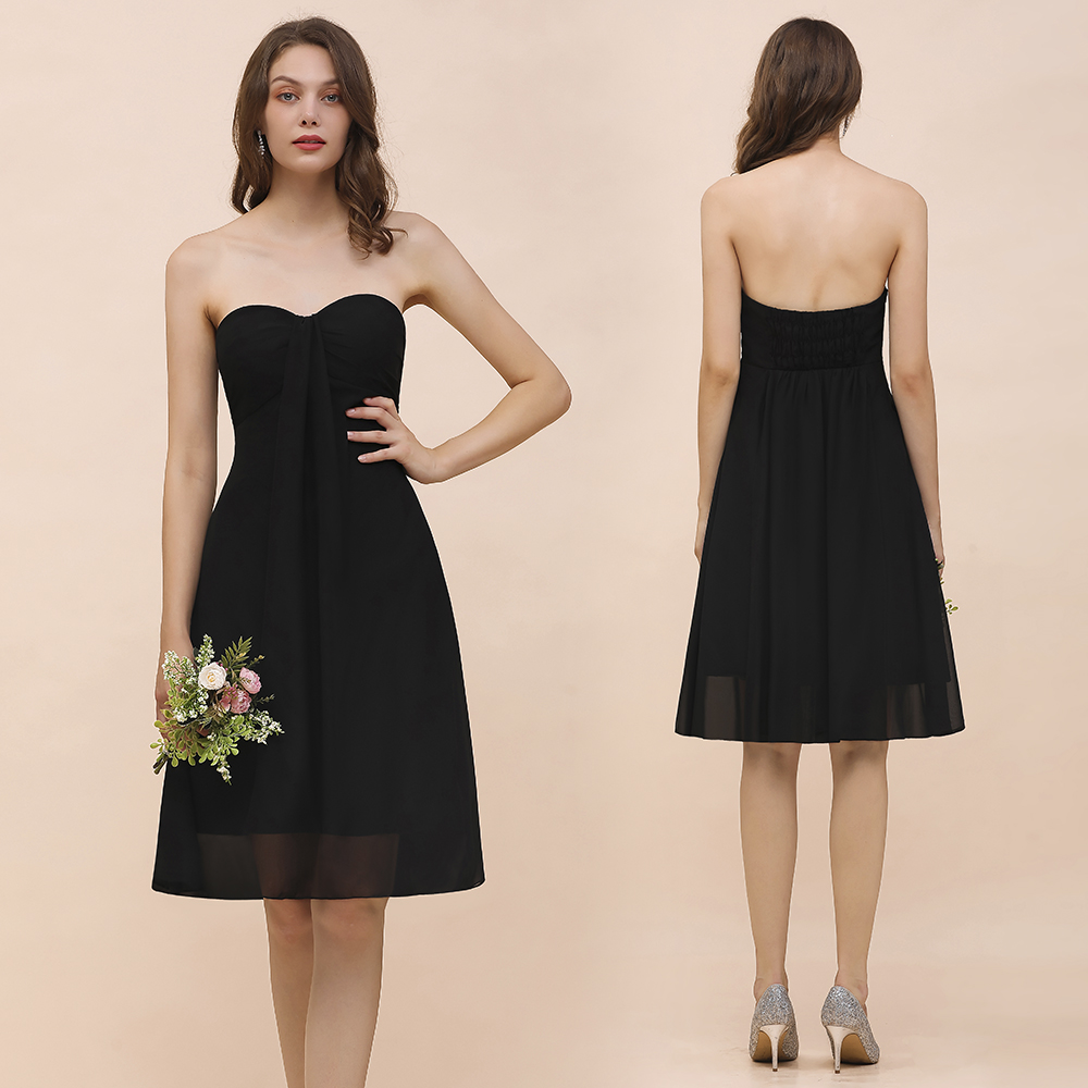 Simple Black Strapless A-line Knee-length Chiffon Backless Bridesmaid Dress